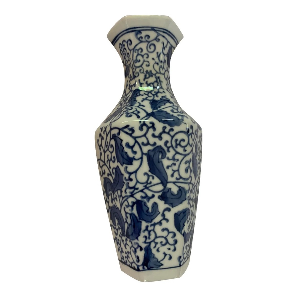 Vintage 1980s Two's Company Canton Collection Chinoiserie Tall Blue and White Wa